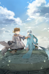 Rule 34 | 10s, 2boys, bad id, bad pixiv id, blue hair, brown hair, cloud, day, earrings, closed eyes, gloves, grin, highres, jewelry, jusc0, looking at another, male focus, mikleo (tales), multiple boys, outdoors, purple eyes, sky, smile, sorey (tales), tales of (series), tales of zestiria