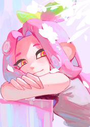 Rule 34 | 1girl, absurdres, chinese commentary, citrusplatsoda, closed mouth, colored tips, commentary request, green hair, highres, long hair, looking at viewer, multicolored background, multicolored hair, nintendo, octoling, octoling girl, octoling player character, pink hair, smile, solo, splatoon (series), tentacle hair, topknot, two-tone hair, upper body, yellow eyes