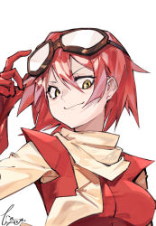 Rule 34 | 1girl, absurdres, beige scarf, blush, closed mouth, eyes visible through hair, flcl, gloves, goggles, goggles on head, haruhara haruko, hatching (texture), highres, linween, red gloves, red hair, scarf, short hair, signature, simple background, smile, solo, upper body, white background, yellow eyes