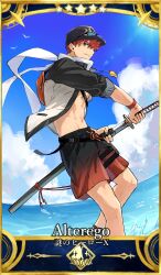 Rule 34 | 1boy, abs, absurdres, artoria pendragon (fate), backpack, bag, baseball cap, bird, black hat, black male swimwear, brown eyes, cosplay, drawing sword, emiya shirou, eyewear on headwear, fake trading card, fate/grand order, fate (series), feet out of frame, grin, hair over one eye, hat, highres, holding, holding sword, holding weapon, jacket, male focus, male swimwear, mysterious heroine xx (fate) (cosplay), navel, okonon (kado colda), open clothes, open jacket, outdoors, red wristband, seagull, smile, swim trunks, sword, translation request, wading, weapon, wet, whistle, whistle around neck, white jacket
