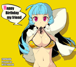 Rule 34 | 00s, 1girl, 2009, ahoge, bad id, bad pixiv id, bikini, bikini top only, blue hair, bottomless, breasts, cleavage, dated, english text, happy birthday, jairou, la, large breasts, long hair, mouth hold, navel, original, pink eyes, solo, swimsuit, yellow background