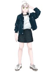 Rule 34 | 1girl, absurdres, alternate costume, arm up, blue jacket, casual, denim, denim jacket, denim skirt, full body, green eyes, highres, jacket, kantai collection, kinugasa (kancolle), long sleeves, looking at viewer, ojipon, shirt, shoes, simple background, skirt, sneakers, solo, standing, white background