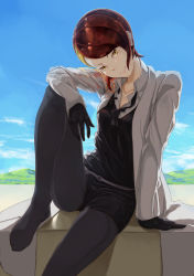 Rule 34 | androgynous, black gloves, black necktie, black pantyhose, black shorts, blue sky, collared shirt, day, gender request, gloves, gsong-chan, highres, houseki no kuni, lab coat, looking at viewer, multicolored hair, necktie, open clothes, open shirt, pantyhose, red hair, rutile (houseki no kuni), shirt, short hair, shorts, sitting, sky, smile, solo, two-tone hair, uniform, yellow eyes