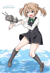 Rule 34 | 1girl, brown eyes, dated, double bun, dress, full body, grey footwear, hair bun, kantai collection, light brown hair, loafers, long sleeves, masara (chuujou), michishio (kancolle), open mouth, pinafore dress, remodel (kantai collection), rensouhou-kun, school uniform, shirt, shoes, short hair, short twintails, simple background, sleeveless dress, solo, twintails, twitter username, water, white background, white shirt