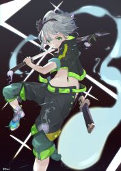 Rule 34 | 1girl, :|, absurdres, alternate costume, artist name, belt, black background, black hairband, black jacket, black pants, blush, bob cut, capri pants, casual, closed mouth, commentary request, drawing sword, eyelashes, foot out of frame, green belt, green eyes, hairband, highres, hitodama, hitodama print, holding, holding sword, holding weapon, jacket, katana, konpaku youmu, konpaku youmu (ghost), lace, light smile, looking at viewer, midriff, mimizuku (mmiganaru), navel, pants, scabbard, sheath, shine, shoes, short hair, sidelocks, silver hair, simple background, sleeves rolled up, smile, sneakers, socks, solo, stomach, sword, tassel, touhou, weapon, white socks, zipper pull tab