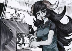Rule 34 | 1girl, alex ahad, annoyed, apron, black hair, black shirt, blouse, borrowed character, coffee, coffee maker, commentary, commission, english commentary, horns, looking at viewer, marker (medium), monochrome, motion blur, open mouth, original, pouring, shirt, solo, traditional media