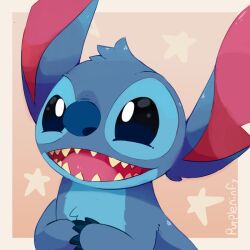 Rule 34 | artist name, blue fur, lilo &amp; stitch, looking at viewer, no humans, open mouth, purpleninfy, simple background, solo, stitch (lilo &amp; stitch), teeth, upper body