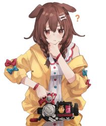 Rule 34 | 1girl, ?, animal ears, blue bow, bone hair ornament, bow, braid, brown eyes, brown hair, build driver, buttons, cartoon bone, commentary request, dog ears, dog girl, dress, hair between eyes, hair ornament, hairclip, hand on own cheek, hand on own face, highres, hololive, inugami korone, inugami korone (1st costume), jacket, kamen rider, kamen rider build (series), kase (kurimuzone oruta), low twin braids, off shoulder, red bow, simple background, solo, twin braids, virtual youtuber, white background, white dress, yellow jacket