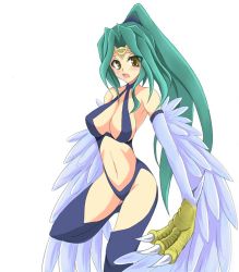 Rule 34 | 1girl, bare shoulders, blush, breasts, claws, cleavage, duel monster, elbow gloves, gloves, green hair, harpie queen, harpy, korican, long hair, monster girl, navel, open mouth, ponytail, sideboob, solo, wings, yellow eyes, yu-gi-oh!