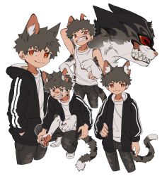 Rule 34 | 1boy, :3, animal, animal ear fluff, animal ears, animal hands, black jacket, black pants, brown hair, cat, cat boy, cat ears, cat tail, claws, clenched teeth, closed mouth, commentary, constricted pupils, denim, deviidog0, english commentary, extra arms, full body, hand on own hip, hands in pockets, highres, hood, hood down, hooded jacket, hoodie, jacket, jeans, looking at viewer, male focus, monster boy, multiple views, notched ear, orange eyes, original, pants, puffing up, shirt, shoes, short eyebrows, short hair, simple background, slit pupils, smile, tail, tank top, teeth, very short hair, white background, white shirt