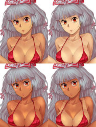 Rule 34 | 1girl, bare shoulders, bikini, bow, breasts, collarbone, commentary request, eyelashes, fujiwara no mokou, hair bow, halterneck, large breasts, lips, long hair, looking at viewer, multiple views, red bikini, red eyes, shinburu, shrugging, silver hair, simple background, swimsuit, tan, tanline, touhou, white background, white bow