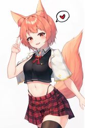 Rule 34 | 1girl, :d, absurdres, animal ears, black panties, black shirt, bow, bowtie, breast pocket, brown thighhighs, capelet, commentary request, cropped shirt, cross, facial mark, fang, fox ears, fox girl, fox tail, hair ornament, hairclip, hand up, heart, highleg, highleg panties, highres, looking at viewer, midriff, navel, open mouth, orange eyes, orange hair, original, panties, panty straps, plaid, plaid skirt, pleated skirt, pocket, red bow, red bowtie, red skirt, sarika, shirt, short hair, simple background, skin fang, skirt, sleeveless, sleeveless shirt, smile, solo, spoken heart, standing, stomach, tail, thighhighs, underwear, v, white background, white capelet, wing collar