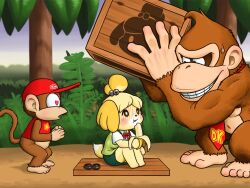 Rule 34 | 1girl, 2boys, :t, animal crossing, animal ears, banana, bell, blush, bright pupils, crate, crossover, dog ears, dog tail, donkey kong, donkey kong (series), donkey kong country, eating, food, fruit, furry, furry female, hair bell, hair ornament, hat, heart, heart-shaped pupils, highres, holding, holding food, isabelle (animal crossing), jingle bell, jungle, monkey, monkey tail, multiple boys, nature, necktie, nintendo, outdoors, rakugaken, red headwear, red necktie, sitting, skirt, standing, symbol-shaped pupils, tail, tree, white pupils