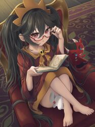 Rule 34 | 1boy, 1girl, :o, adjusting eyewear, ashley (warioware), barefoot, bespectacled, black hair, blue eyes, blush stickers, book, collarbone, crossed legs, demon horns, demon tail, dress, fang, feet, from above, glasses, hair between eyes, hairband, highres, holding, holding book, horns, indoors, long hair, long sleeves, looking at viewer, looking back, matchamassa, neckerchief, nintendo, on chair, open book, open mouth, orange hairband, red-framed eyewear, red (warioware), red dress, red eyes, rug, semi-rimless eyewear, sitting, smile, stuffed animal, stuffed rabbit, stuffed toy, tail, toenails, toes, twintails, under-rim eyewear, very long hair, warioware, wide sleeves, wings