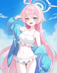 Rule 34 | 1girl, :d, absurdres, ahoge, bikini, blue archive, blue jacket, blue sky, blurry, cloud, cloudy sky, commentary request, depth of field, fang, frilled bikini, frills, gluteal fold, hair between eyes, halo, heterochromia, highres, hood, hooded jacket, hoshino (blue archive), hoshino (swimsuit) (blue archive), jacket, jogabi, long hair, long sleeves, looking at viewer, navel, official alternate costume, open clothes, open jacket, open mouth, outdoors, pink hair, sidelocks, sky, smile, solo, stomach, swimsuit, white bikini