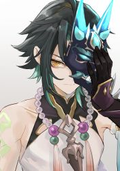 Rule 34 | 1boy, black gloves, closed mouth, genshin impact, gloves, green hair, highres, jewelry, male focus, mask, multicolored hair, necklace, penyo1989, simple background, solo, white background, xiao (genshin impact), yellow eyes