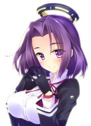 Rule 34 | 10s, 1girl, black gloves, blush, breasts, gloves, halo, hayakawa harui, headgear, kantai collection, large breasts, looking at viewer, mechanical halo, personification, purple eyes, purple hair, school uniform, short hair, smile, steepled fingers, tatsuta (kancolle)