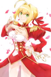 Rule 34 | 1girl, ahoge, blonde hair, breasts, cleavage, cowboy shot, dress, epaulettes, fate/extra, fate (series), green eyes, hair bun, hair intakes, hair ribbon, hand on own hip, hand on own chest, highres, leotard, looking at viewer, medium breasts, nero claudius (fate), nero claudius (fate) (all), nero claudius (fate/extra), peco (ppeco0), petals, red dress, red ribbon, ribbon, see-through, sidelocks, simple background, single hair bun, smile, solo, white background, white leotard