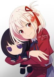 Rule 34 | 1girl, belt, belt buckle, blonde hair, blue ribbon, blush, bob cut, buckle, closed mouth, collared shirt, commentary, dated, dress, dress shirt, flower, gradient background, grey dress, hair flower, hair ornament, hair ribbon, happy birthday, highres, hugging object, inoue takina, long sleeves, looking at viewer, lycoris recoil, lycoris uniform, neck ribbon, nishikigi chisato, one side up, pleated dress, red belt, red dress, red eyes, red ribbon, ribbon, ryuryu 7150, shirt, short hair, smile, solo, spider lily, two-tone dress, white background, white shirt