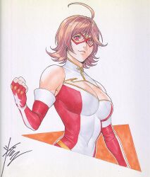 1girl ahoge breasts cleavage cleavage_cutout clothing_cutout domino_mask elbow_gloves eye_mask gloves gold_bow homare_(fool&#039;s_art) kamen_america_(comic) kamen_comet large_breasts looking_at_viewer mask red_eyes red_hair short_hair sleeveless_leotard smile solo superhero_costume