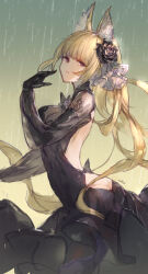 Rule 34 | 1girl, absurdres, animal ear fluff, animal ears, ass, black dress, black flower, black gloves, blonde hair, breasts, butt crack, character request, cleavage, copyright request, dress, flower, from side, gloves, hair flower, hair ornament, highres, large breasts, long sleeves, red eyes, see-through, solo, swd3e2, water drop