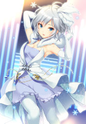 Rule 34 | 10s, 1girl, anastasia (idolmaster), armpits, arms up, blue eyes, blush, dress, elbow gloves, gloves, hair ornament, highres, idolmaster, idolmaster cinderella girls, jewelry, looking at viewer, monety, necklace, pantyhose, short hair, silver hair, sky, smile, snowflakes, solo, star (sky), starry sky, strapless, strapless dress, white gloves, white pantyhose