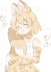 Rule 34 | 0nanaten, 1girl, animal ears, bare shoulders, blonde hair, blush, bow, bowtie, closed eyes, commentary request, cowboy shot, elbow gloves, extra ears, gloves, high-waist skirt, highres, hugging own tail, hugging tail, kemono friends, print bow, print bowtie, print gloves, print neckwear, print skirt, serval (kemono friends), serval print, serval tail, shirt, short hair, skirt, sleeveless, solo, tail, traditional bowtie, white shirt