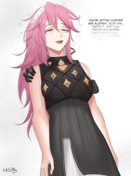 1girl :d absurdres alternate_costume bare_shoulders black_dress breasts commentary_request disembodied_hand dress drooling empty_eyes english_text eroborne fire_emblem fire_emblem_fates hairband highres hypnosis leaning_back long_hair mind_control nintendo open_mouth pink_hair rolling_eyes saliva sleepy sleeveless smile soleil_(fire_emblem) solo_focus squeans turtleneck turtleneck_dress uneven_eyes