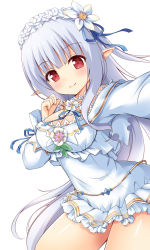 Rule 34 | 1girl, blue hair, blue ribbon, blush, breasts, cleavage, closed mouth, copyright request, dress, elf, fingernails, flower, hair between eyes, hair flower, hair ornament, hair ribbon, hand up, highres, large breasts, long hair, long sleeves, pointy ears, reaching, reaching towards viewer, red eyes, ribbon, selfie, simple background, smile, solo, very long hair, white background, white dress, white flower, yuu (yumezakura)