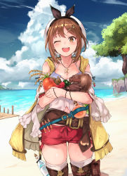 Rule 34 | absurdres, atelier (series), atelier ryza, atelier ryza 1, beach, belt, blue belt, breasts, brown belt, brown eyes, brown hair, cleavage, cloud, cloudy sky, cowboy shot, day, flask, food, fruit, gloves, hat, highres, holding, holding food, jewelry, leather, leather belt, leather gloves, maki (maki pei), necklace, ocean, open mouth, outdoors, red shorts, reisalin stout, round-bottom flask, short shorts, shorts, skindentation, sky, sleeveless, sleeveless jacket, solo, star (symbol), star necklace, thick thighs, thighs, tree, vegetable, vial, white hat