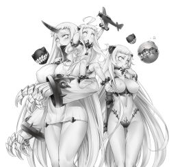 Rule 34 | 10s, 3girls, abyssal ship, ahoge, aircraft, airfield princess, airplane, blush, bracelet, breasts, claws, collar, covered erect nipples, covered navel, dress, enemy aircraft (kancolle), greyscale, groin, horns, huge breasts, jewelry, kantai collection, kore (korewa13th), large breasts, leotard, long hair, looking at viewer, mechanical arms, mittens, monochrome, multiple girls, northern ocean princess, open mouth, pout, ribbed dress, seaport princess, see-through, short dress, single horn, single mechanical arm, sitting on arm, spiked anklet, spiked bracelet, spiked collar, spikes, standing, unfinished, very long hair, wide sleeves
