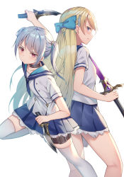 Rule 34 | 2girls, alexmaster, arm up, belt, belt buckle, black choker, blonde hair, blue bow, blue eyes, blue sailor collar, blue skirt, blush, bow, breasts, brown belt, buckle, choker, commentary request, cover, cover page, dagger, dual wielding, hair bow, highres, holding, holding dagger, holding knife, holding sword, holding weapon, knife, leg belt, multicolored hair, multiple girls, novel cover, official art, original, pleated skirt, profile, red eyes, sailor collar, school uniform, serafuku, shirt, silver hair, simple background, skirt, small breasts, standing, standing on one leg, streaked hair, sword, thighhighs, twintails, weapon, white background, white legwear, white shirt