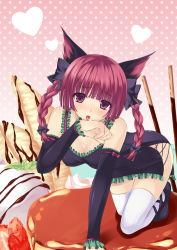 Rule 34 | 1girl, animal ears, blush, braid, cat ears, cat girl, female focus, food, heart, highres, iroha (unyun), kaenbyou rin, licking, red eyes, red hair, sexually suggestive, short hair, solo, thighhighs, touhou, twin braids, twintails, white thighhighs