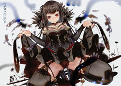 Rule 34 | 1girl, black dress, black hair, black theme, black thighhighs, breasts, clothes lift, dan evan, detached sleeves, dress, dress lift, dutch angle, fate/apocrypha, fate (series), flower, garter straps, long hair, medium breasts, pointy ears, red eyes, semiramis (fate), sidelocks, smile, solo, spread legs, squatting, thighhighs, very long hair