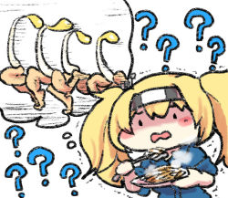 Rule 34 | 1girl, ?, bean sprout, blonde hair, blue shirt, blush, chibi, gambier bay (kancolle), hairband, holding, holding plate, kantai collection, legs, long hair, nobuyoshi-zamurai, open mouth, plate, shirt, thought bubble, twintails