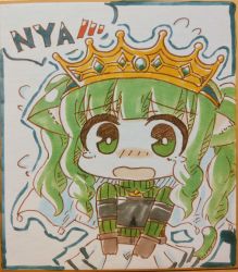 Rule 34 | 1girl, absurdres, animal ears, armor, blunt bangs, blush, breastplate, cat ears, chibi, crown, crying, crying with eyes open, futaba sana, gem, green eyes, green gemstone, green hair, green sweater, highres, jewelry, long sleeves, looking at viewer, magia record: mahou shoujo madoka magica gaiden, magical girl, mahou shoujo madoka magica, medium hair, necklace, nyan, open mouth, outline, pleated skirt, ribbed sweater, skirt, solo, sweater, tears, teen (teen629), traditional media, turtleneck, turtleneck sweater, twintails, upper body, veil, wavy hair, white skirt
