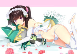 Rule 34 | 1girl, akatsuki kirika, bad id, bad pixiv id, bare shoulders, black hair, blunt bangs, blush, bouquet, breasts, character doll, commentary request, elbow gloves, flower, gloves, hair flower, hair ornament, long hair, looking at viewer, lying, navel, on side, panties, pink eyes, revealing clothes, rikopin, senki zesshou symphogear, shiny skin, small breasts, smile, solo, thighhighs, tsukuyomi shirabe, twintails, underwear, white flower, white gloves, white panties, white thighhighs