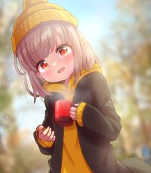 Rule 34 | 1girl, blurry, blurry background, blush, brown hair, coat, cup, drink, highres, holding, holding cup, hood, hoodie, knit hat, long hair, looking at viewer, mmmera827, mug, open mouth, orange eyes, original, outdoors, pom pom (clothes), sleeves past wrists, smile, solo