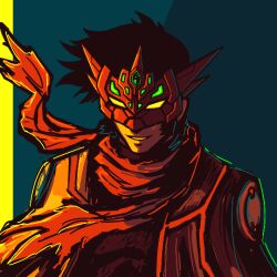 Rule 34 | black hair, black shirt, blue background, crown, emeraldcodex, getter emperor, getter rays, getter robo, jacket, limited palette, mask, nagare ryoma, open clothes, open jacket, possessed, red mask, red scarf, scarf, shirt, sideburns, smirk