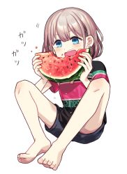Rule 34 | 1girl, barefoot, blue eyes, earrings, eating, food, food bite, fruit, full body, grey hair, highres, holding, holding food, holding fruit, idolmaster, idolmaster shiny colors, jewelry, open mouth, polo shirt, sasasasa, serizawa asahi, shirt, short hair, short sleeves, shorts, simple background, single earring, solo, sound effects, teeth, upper teeth only, water drop, watermelon, watermelon slice, white background