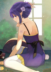 Rule 34 | 1girl, alternate hairstyle, artist name, backless dress, backless outfit, bad id, bad pixiv id, blue eyes, butterfly tattoo, comb, cushion, dress, fate/stay night, fate (series), flower, from side, hair bun, hair flower, hair ornament, hair up, makeup, medea (fate), nail polish, pantyhose, parted lips, pointy ears, profile, purple dress, purple hair, purple nails, revision, scroll lock (scrool5), single hair bun, sitting, sleeveless, sleeveless dress, solo, spaghetti strap, tattoo, wariza, white pantyhose