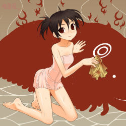 Rule 34 | barefoot, black hair, chunsoft, dragon quest, dragon quest iii, enix, feet, fighter (dq3), flat chest, legs, red eyes, smile, solo, sweat, towel, twintails, ume (driveume)