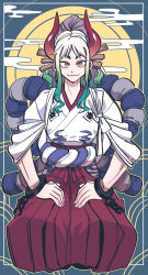 Rule 34 | 1girl, :3, absurdres, chain, closed mouth, full body, gradient hair, green hair, hakama, hands on lap, highres, horns, japanese clothes, kimono, long hair, looking at viewer, margare, multicolored hair, one piece, orange eyes, red hakama, sitting, solo, white hair, white kimono, yamato (one piece)