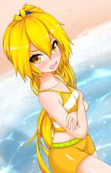 Rule 34 | 1girl, absurdres, akita neru, bad id, bad pixiv id, beach, bikini, blonde hair, blush, breasts, commentary, crossed arms, day, embarrassed, english commentary, from above, hair tie, hayana neru, highres, long hair, looking at viewer, outdoors, ponytail, side ponytail, small breasts, solo, standing, striped bikini, striped clothes, swimsuit, v-shaped eyebrows, very long hair, vocaloid, yellow bikini, yellow eyes