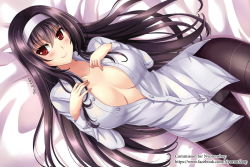 Rule 34 | 1girl, artist name, bed sheet, black hair, black pantyhose, blush, breasts, buttons, cleavage, closed mouth, collarbone, eyebrows, from above, hairband, kasumigaoka utaha, large breasts, long hair, long sleeves, looking at viewer, looking up, lying, no bra, on back, open clothes, open shirt, pantyhose, partially unbuttoned, red eyes, saenai heroine no sodatekata, shirt, smile, solo, the-sinner, unbuttoned, very long hair, white shirt