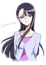 Rule 34 | 1girl, arm behind back, asymmetrical bangs, blue eyes, closed mouth, collarbone, cropped torso, floating hair, glasses, hair ornament, hairclip, heartcatch precure!, long hair, looking at viewer, precure, purple hair, purple shirt, rimless eyewear, shirt, simple background, sketch, smile, solo, swept bangs, tsukikage oyama, tsukikage yuri, upper body, very long hair, white background