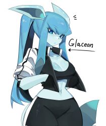 Rule 34 | animal ears, black hair, blue eyes, blue fur, blue hair, breasts, choker, cleavage, creatures (company), crop top, furry, furry female, game freak, gen 4 pokemon, glaceon, hands in pockets, high collar, highres, jacket, large breasts, long hair, looking at viewer, midriff, multicolored hair, navel, nintendo, pokemon, pokemon (creature), ponytail, sidelocks, tail, thick thighs, thighs, togetoge, wide hips