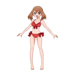 1girl, bikini, blue eyes, bow, brown hair, creatures (company), frilled bikini, frills, full body, game freak, looking at viewer, may (pokemon), neko19920311, nintendo, open mouth, outstretched arms, pokemon, pokemon (anime), pokemon rse (anime), red bikini, red bow, side-tie bikini, solo, swimsuit