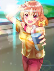 Rule 34 | 1girl, ahoge, artist name, artist request, blurry, blurry background, blush, bottle, braid, depth of field, female focus, hair ornament, hair scrunchie, highres, love live!, love live! school idol festival, love live! sunshine!!, off-shoulder shirt, off shoulder, open mouth, orange hair, outstretched arms, pants, red eyes, scrunchie, shirt, short hair, smile, solo, sweatband, sweatpants, t-shirt, takami chika, water bottle