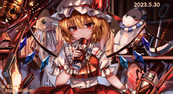 Rule 34 | 1girl, absurdres, anchor, ascot, blonde hair, closed mouth, commentary request, crystal, dated, english text, flandre scarlet, happy birthday, highres, holding, medium hair, one side up, red eyes, red skirt, short sleeves, signature, skirt, smile, solo, top-exerou, touhou, upper body, wings, wrist cuffs, yellow ascot